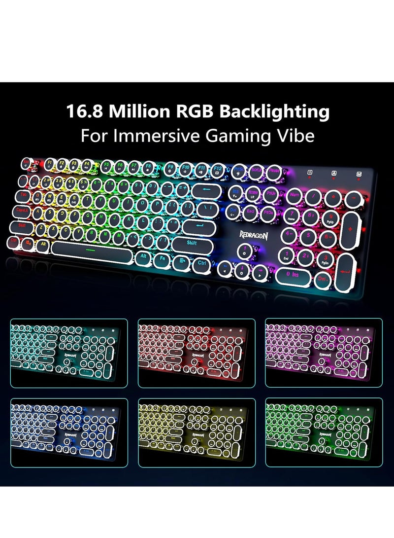 REDRAGON K710 Wireless Typewriter Style Mechanical Gaming Keyboard, Bluetooth/2.4Ghz/Wired, RGB Backlit, Rechargeable, Blue Switch - Clicky, Metal Panel, Round Keycaps, Black - Image 5