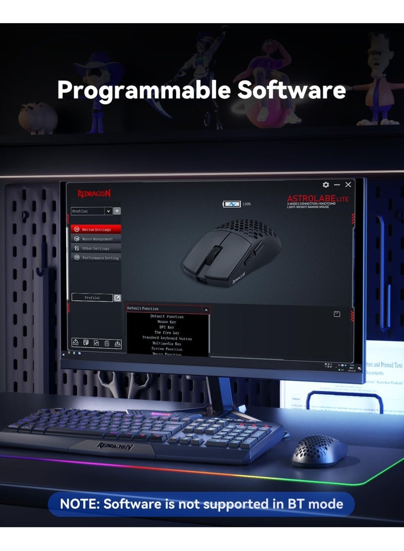 ريدراجون ماوس ألعاب لاسلكي M725 أستولاب لايت بقشرة خلوية، وزن خفيف للغاية 49 جرام، دقة 8000 نقطة في البوصة، ثلاثي الوضعيات BT5.1/2.4GHz/سلكي Type-C مع زرين جانبيين، قابل للبرمجة ماكرو لجهاز الكمبيوتر/ماك/لابتوب، أسود - Image 4