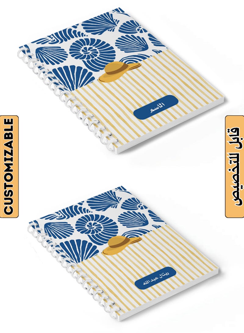LOWHA Customizable Spiral Notebook with Front and Back Hard Covers Personalized with Your Name and  Sea Shell with Hat Design Blue/Yellow/White - Image 1