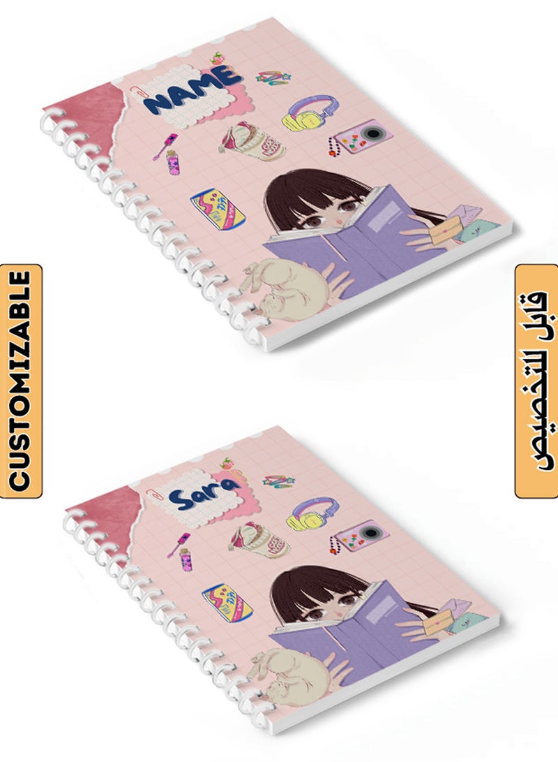 لوحة دفتر ملاحظات حلزوني قابل للتخصيص مع غلاف أمامي وخلفي صلب مخصص باسمك وتصميم فتاة مع كتاب - Image 1