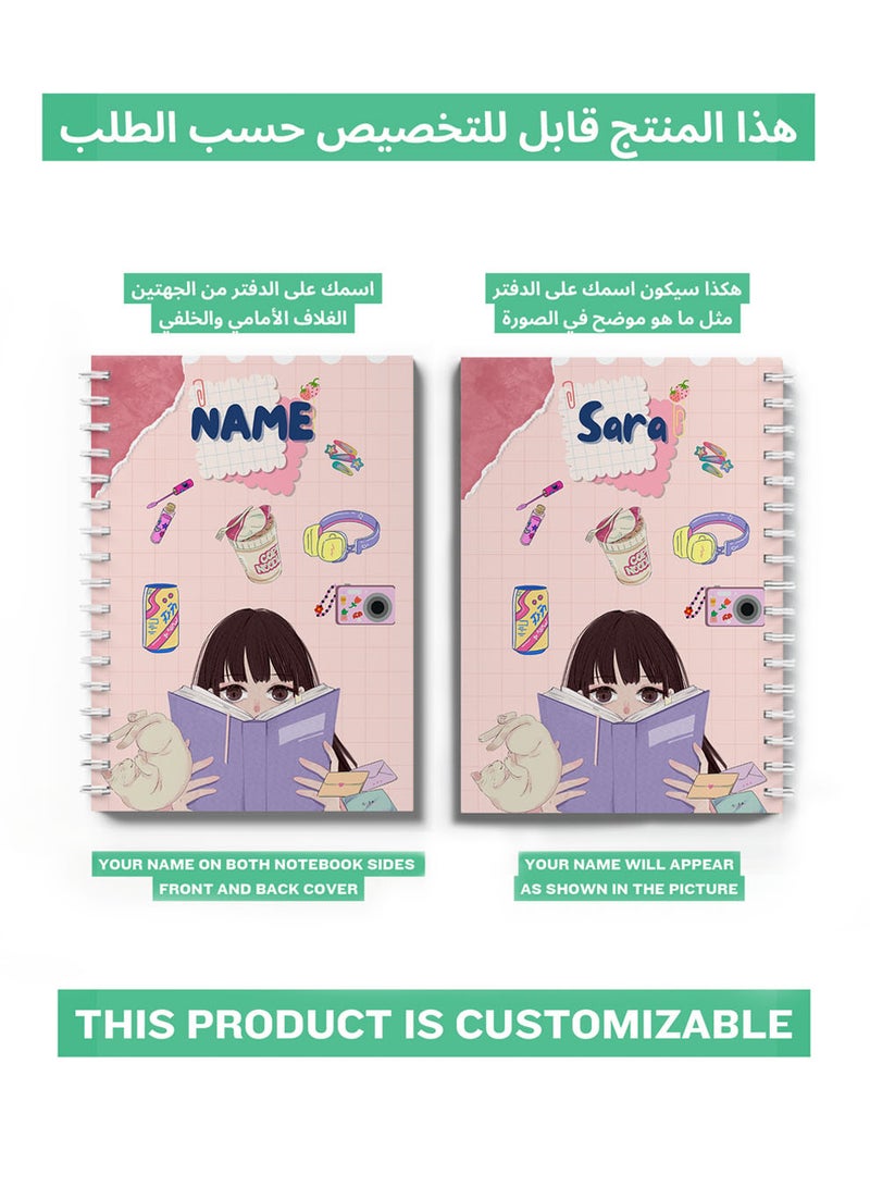 لوحة دفتر ملاحظات حلزوني قابل للتخصيص مع غلاف أمامي وخلفي صلب مخصص باسمك وتصميم فتاة مع كتاب - Image 2