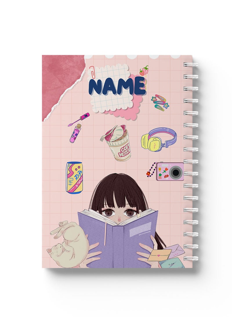لوحة دفتر ملاحظات حلزوني قابل للتخصيص مع غلاف أمامي وخلفي صلب مخصص باسمك وتصميم فتاة مع كتاب - Image 4