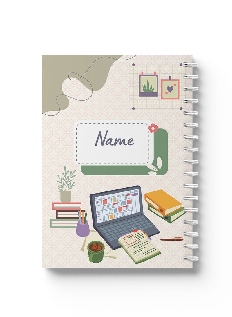 LOWHA Customizable Spiral Notebook with Front and Back Hard Covers Personalized with Your Name and  Laptop with Books Design multicolour - Image 4