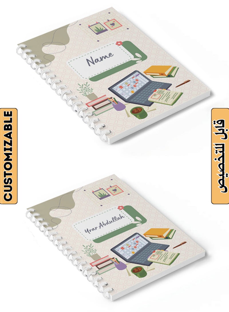 LOWHA Customizable Spiral Notebook with Front and Back Hard Covers Personalized with Your Name and  Laptop with Books Design multicolour - Image 1