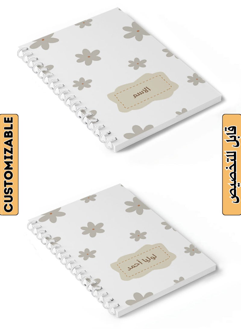 LOWHA Customizable Spiral Notebook with Front and Back Hard Covers Personalized with Your Name and  Flowers Design Grey/White - Image 1