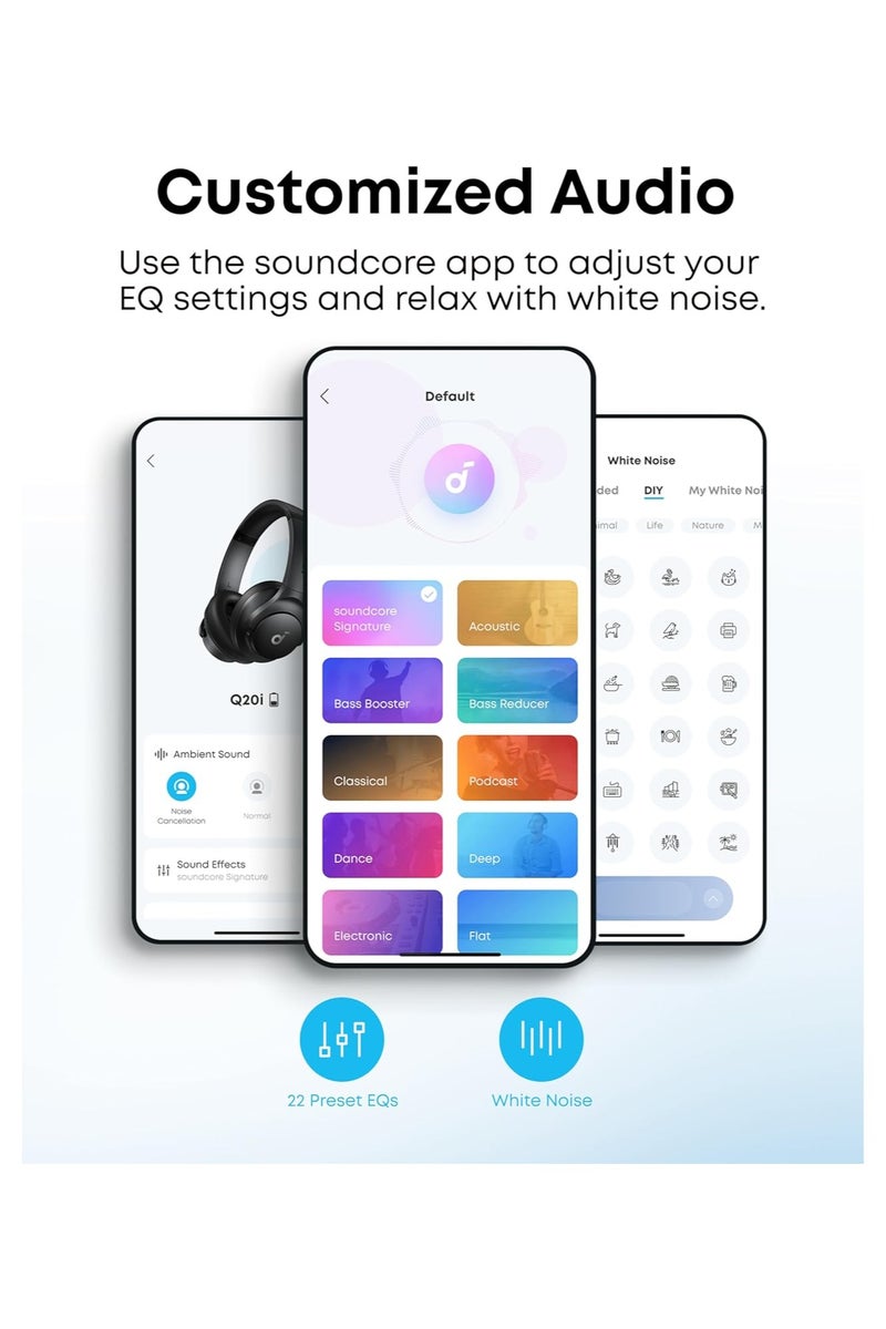 ساوند كور سماعات سوندكور Q20i الهجينة لإلغاء الضوضاء النشط، لاسلكية فوق الأذن بلوتوث، 40 ساعة من وقت التشغيل الطويل لإلغاء الضوضاء باللون الأسود - Image 4