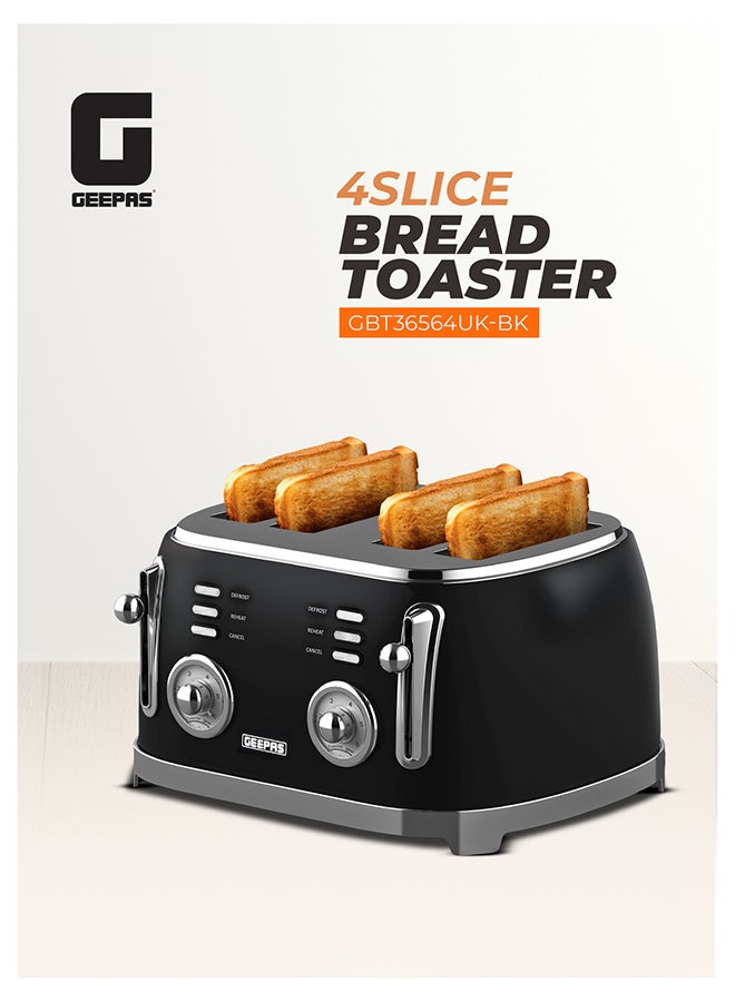 GEEPAS 4-Slice Bread Toaster, 1500W – 6 Browning Levels, Metallic Body, Defrost/Reheat/Cancel Functions, Removable Crumb Tray, Anti-Slip Feet, Cord Storage, Indicator Lights 1500 W GBT36564UK-BK black - Image 1