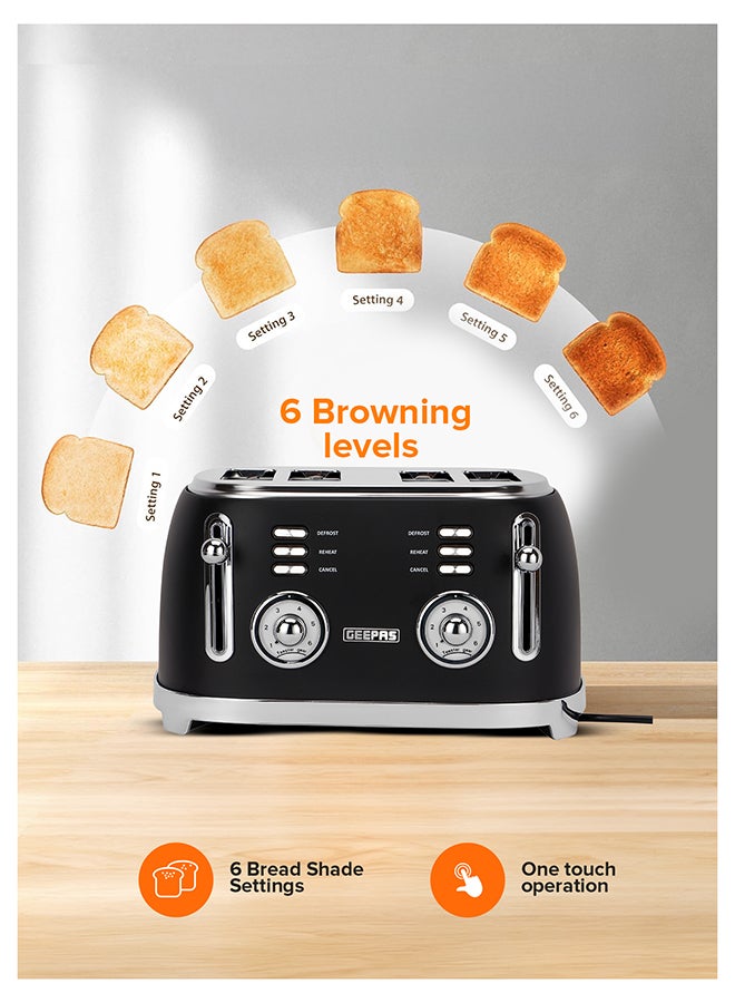 GEEPAS 4-Slice Bread Toaster, 1500W – 6 Browning Levels, Metallic Body, Defrost/Reheat/Cancel Functions, Removable Crumb Tray, Anti-Slip Feet, Cord Storage, Indicator Lights 1500 W GBT36564UK-BK black - Image 3