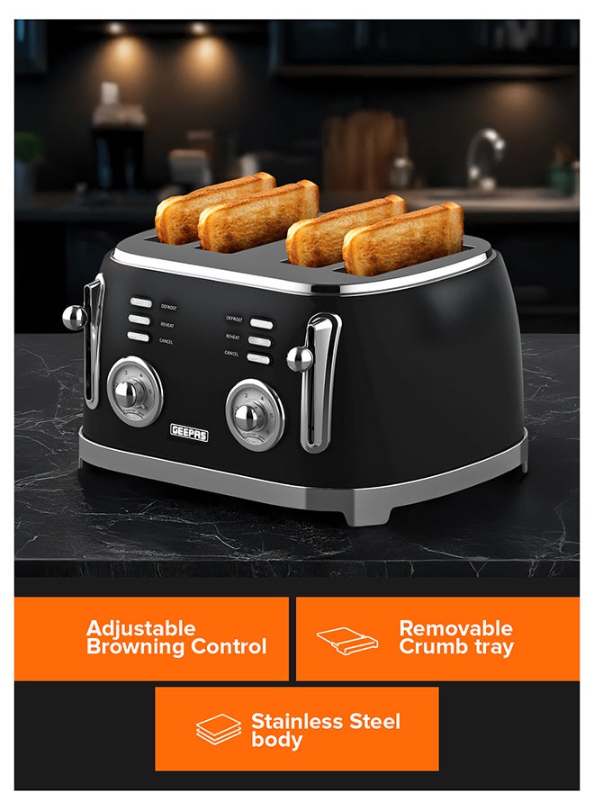 GEEPAS 4-Slice Bread Toaster, 1500W – 6 Browning Levels, Metallic Body, Defrost/Reheat/Cancel Functions, Removable Crumb Tray, Anti-Slip Feet, Cord Storage, Indicator Lights 1500 W GBT36564UK-BK black - Image 2