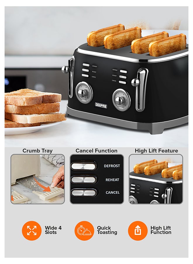 GEEPAS 4-Slice Bread Toaster, 1500W – 6 Browning Levels, Metallic Body, Defrost/Reheat/Cancel Functions, Removable Crumb Tray, Anti-Slip Feet, Cord Storage, Indicator Lights 1500 W GBT36564UK-BK black - Image 5