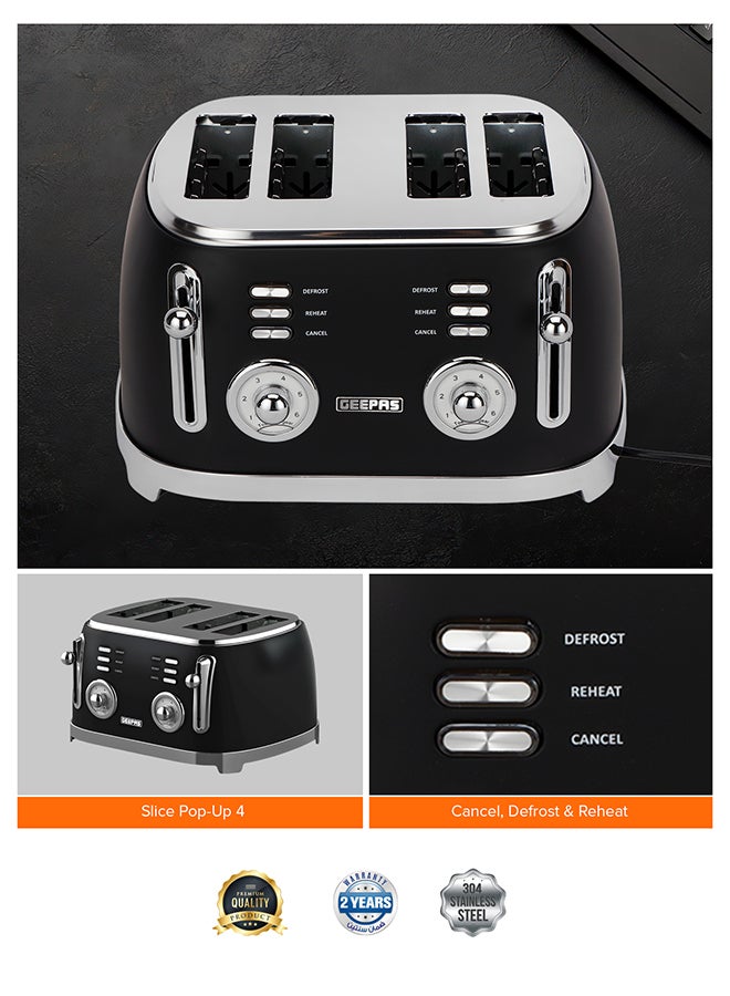 GEEPAS 4-Slice Bread Toaster, 1500W – 6 Browning Levels, Metallic Body, Defrost/Reheat/Cancel Functions, Removable Crumb Tray, Anti-Slip Feet, Cord Storage, Indicator Lights 1500 W GBT36564UK-BK black - Image 4