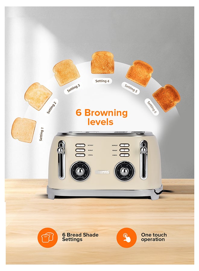 GEEPAS 4-Slice Bread Toaster, 1500W – 6 Browning Levels, Metallic Body, Defrost/Reheat/Cancel Functions, Removable Crumb Tray, Anti-Slip Feet, Cord Storage, Indicator Lights 1500 W GBT36564UK-CR Cream - Image 3