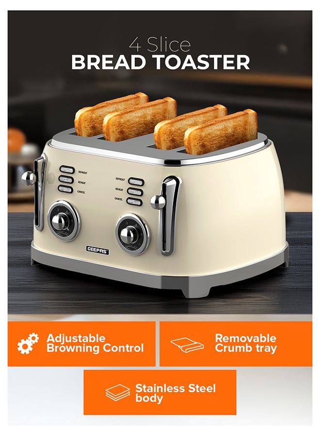 GEEPAS 4-Slice Bread Toaster, 1500W – 6 Browning Levels, Metallic Body, Defrost/Reheat/Cancel Functions, Removable Crumb Tray, Anti-Slip Feet, Cord Storage, Indicator Lights 1500 W GBT36564UK-CR Cream - Image 2