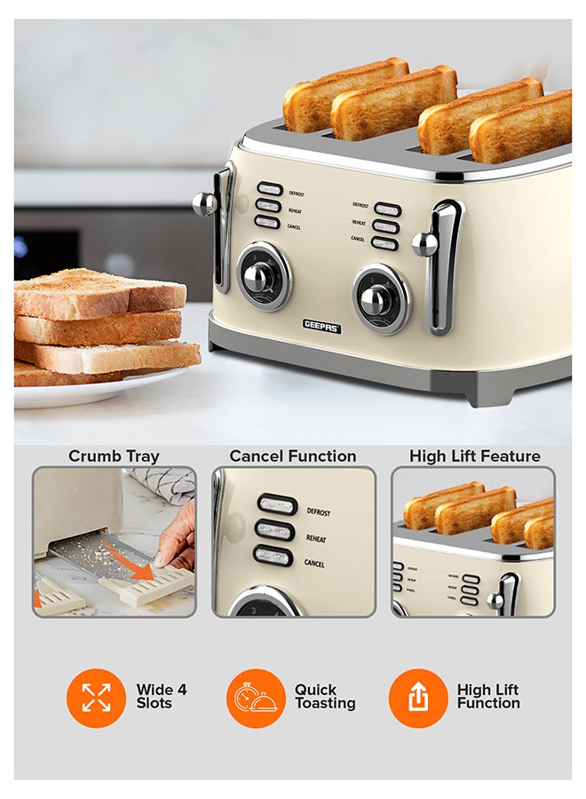 GEEPAS 4-Slice Bread Toaster, 1500W – 6 Browning Levels, Metallic Body, Defrost/Reheat/Cancel Functions, Removable Crumb Tray, Anti-Slip Feet, Cord Storage, Indicator Lights 1500 W GBT36564UK-CR Cream - Image 5