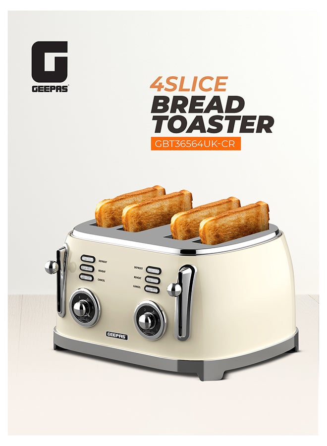 GEEPAS 4-Slice Bread Toaster, 1500W – 6 Browning Levels, Metallic Body, Defrost/Reheat/Cancel Functions, Removable Crumb Tray, Anti-Slip Feet, Cord Storage, Indicator Lights 1500 W GBT36564UK-CR Cream - Image 1