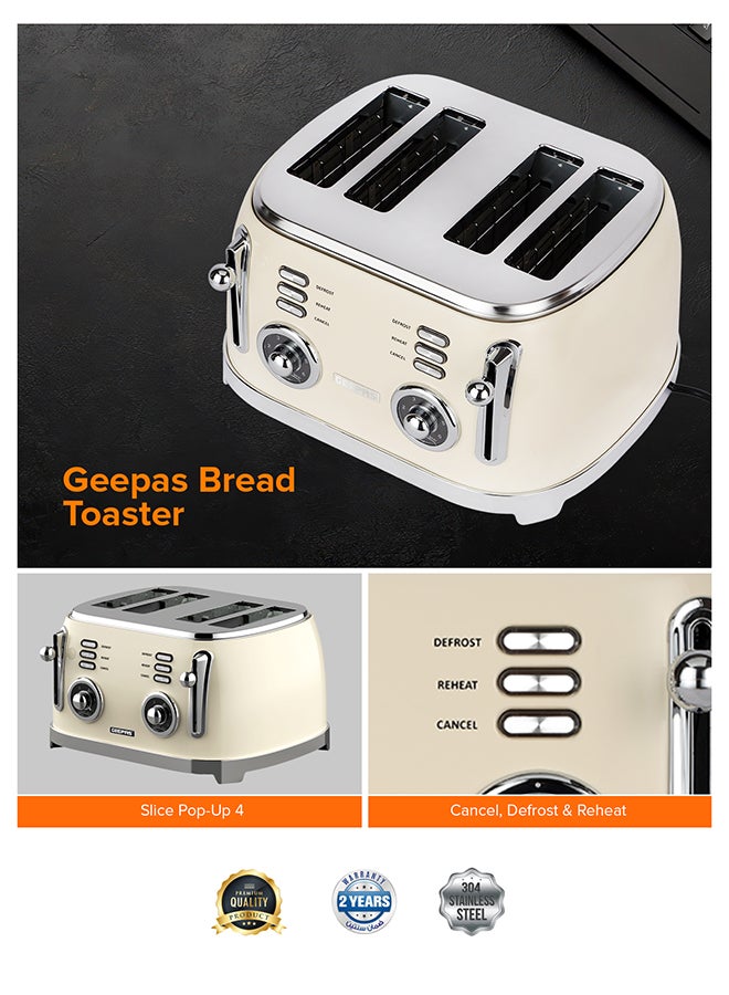 GEEPAS 4-Slice Bread Toaster, 1500W – 6 Browning Levels, Metallic Body, Defrost/Reheat/Cancel Functions, Removable Crumb Tray, Anti-Slip Feet, Cord Storage, Indicator Lights 1500 W GBT36564UK-CR Cream - Image 4