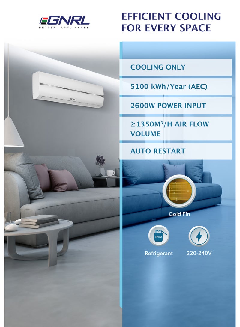 EGNRL 2.5 Ton T3 Rotary Split AC R410a, EG30T3N, 2025 New Model | Cool Only, Gold Fin, Auto Restart & 4-Way Airflow, | Remote Included, White - Free 5 Year Compressor Warranty 2550W EG30T3N White 2550 W EG30T3N White - Image 3