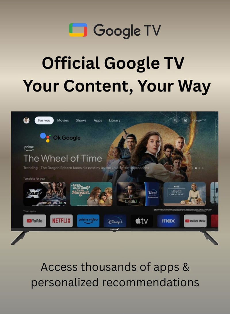 VIDEOCON 55-Inch 4K UHD Edgeless Official Google TV, Smart LED TV with Voice Remote, Dolby Audio, Bluetooth, Chromecast Built-In, DVB-T2/S2, Free Wall Mount – E55ELGT1100 Black - Image 2