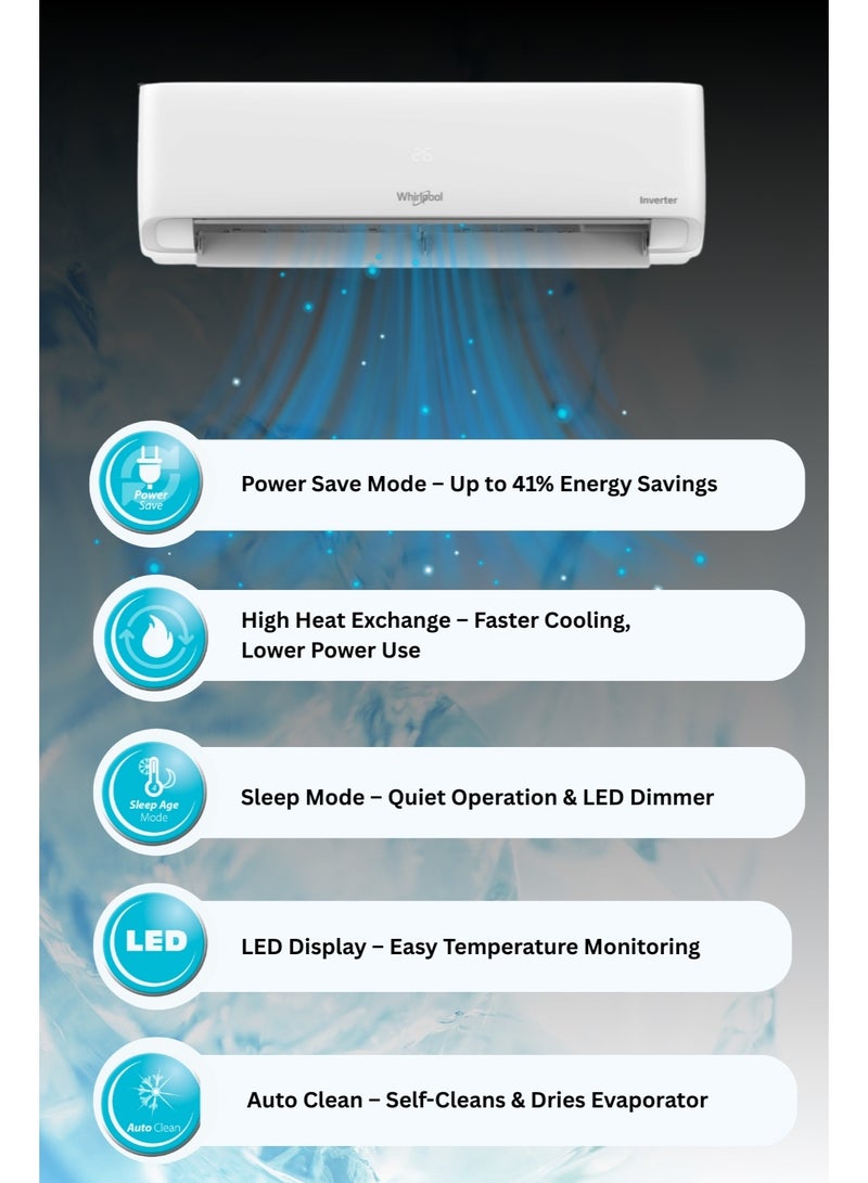 Whirlpool Inverter Air Conditioner 1.5 Ton with 10 years warranty on compressor -  High Cooling Performance, Power Save Mode, Auto Clean, 6th Sense Technology, LED Display, 4-Way Swing, HEPA Filter - WMVOA180/181 WMVOA180/181 white - Image 5