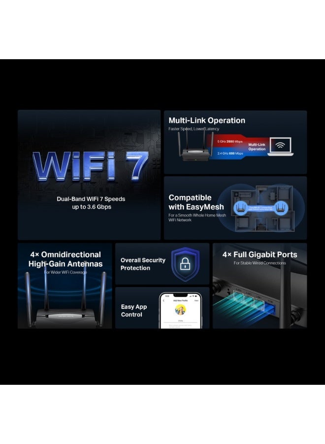 MERCUSYS MR25BE BE3600 Dual Band Wi-Fi 7 Router – High-Speed Wireless AX, Advanced Security, Ideal for Gaming and Streaming black - Image 3