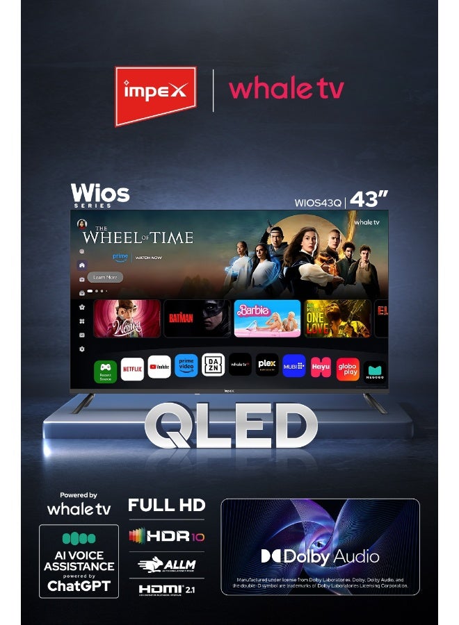 Impex Whale OS 43-Inch SMART QLED TV | AI Voice Assistant with ChatGPT | Netflix, YouTube, Prime, Disney+ | A+ Panel Grade | 8GB Storage, 1GB RAM | USB, HDMI, Audio Input, Video Input, RJ45 Input | 176° Viewing Angle | Wios43Q Wios43Q black - Image 2