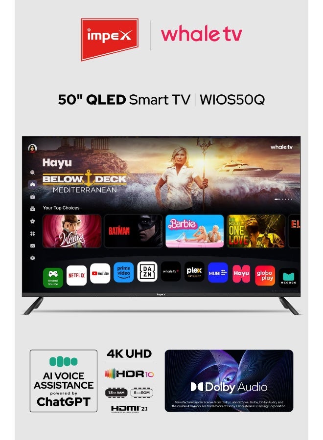 Impex Whale OS 50 Inch Smart QLED TV | 4K Ultra HD| ChatGPT AI Voice Assistant | Netflix, Prime, YouTube, Disney+ | 176° Viewing Angle | 8GB Internal Memory, 1.5GB RAM | 2xHDMI, 2xUSB | A+ Grade Panel | Wios50Q Wios50Q black - Image 1
