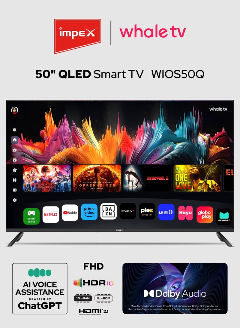 Impex Whale OS 50 Inch Smart Full HD QLED TV | ChatGPT AI Voice Assistant | Netflix, Prime, YouTube, Disney+ | 176° Viewing Angle | 8GB Internal Memory, 1.5GB RAM | 2xHDMI, 2xUSB | A+ Grade Panel | Wios50Q black - Image 1