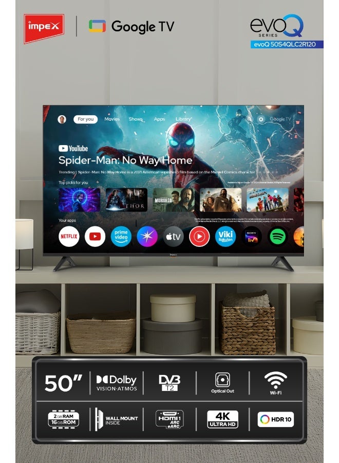 إمبكس تلفاز جوجل QLED بحجم 50 بوصة | دقة 4K Ultra HD | جهاز تحكم صوتي | 2 جيجابايت RAM و 16 جيجابايت تخزين | واي فاي، بلوتوث، HDMI ARC، USB، بصري، مدخل AV | نظام صوت دولبي | زاوية رؤية 178° | دقة عالية | Evoq50QLC - Image 2
