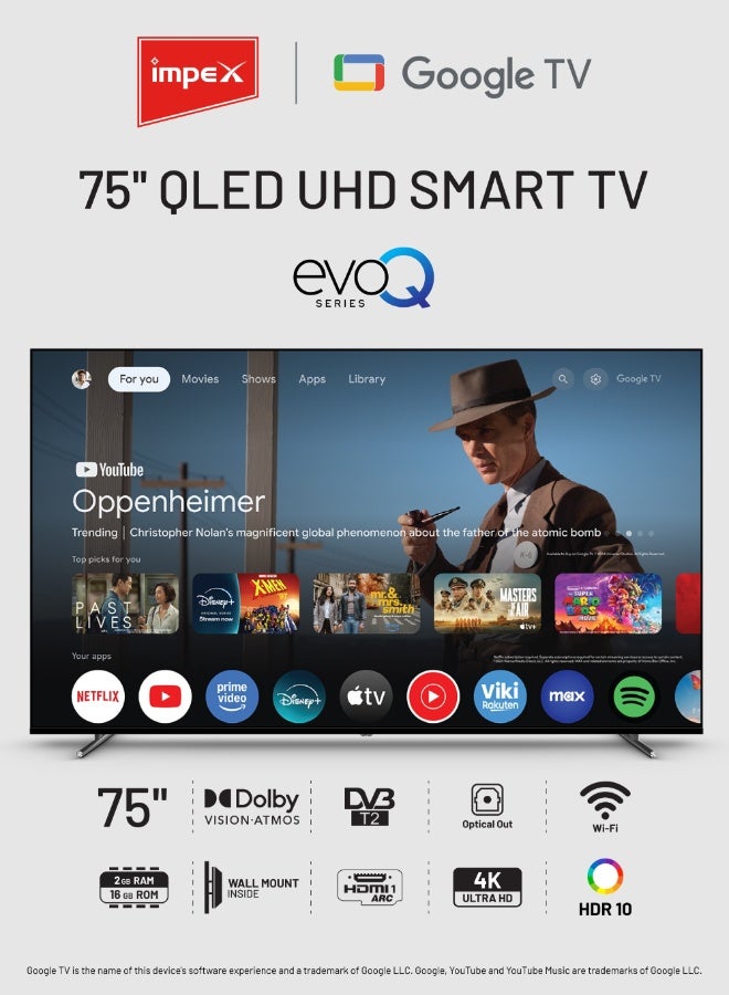 إمبكس تلفاز جوجل الذكي QLED بحجم 75 بوصة | 4K Ultra HD | مساعد جوجل، صوت دولبي، HDR10 | واي فاي، بلوتوث، جوجل كاست | شاهد، آبل تي في، نتفليكس، برايم فيديو، ديزني+، يوتيوب | 2 جيجابايت رام، 16 جيجابايت تخزين | USB، HDMI، مدخل صوت، مدخل فيديو | Evoq75QLC - Image 1