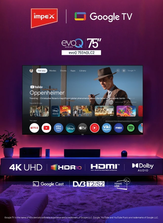 إمبكس تلفاز جوجل الذكي QLED بحجم 75 بوصة | 4K Ultra HD | مساعد جوجل، صوت دولبي، HDR10 | واي فاي، بلوتوث، جوجل كاست | شاهد، آبل تي في، نتفليكس، برايم فيديو، ديزني+، يوتيوب | 2 جيجابايت رام، 16 جيجابايت تخزين | USB، HDMI، مدخل صوت، مدخل فيديو | Evoq75QLC - Image 2
