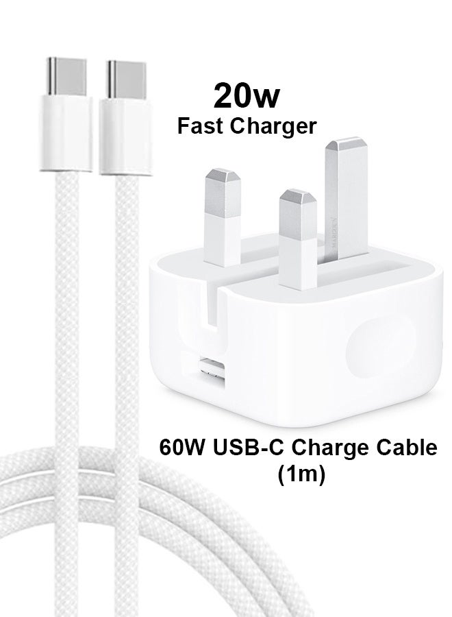 مارجون شاحن سريع 20 واط USB-C PD مع كابل مضفر Type-C إلى Type-C (1م) - قابس 3 دبابيس بريطاني لجهاز iPhone 16 Pro Max - Image 1