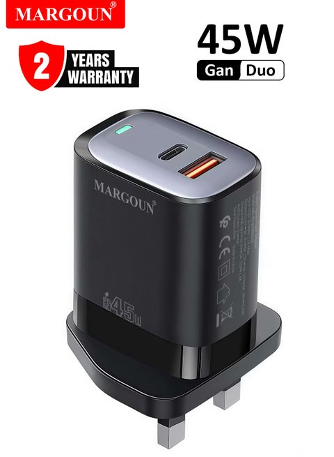 محول طاقة 45 واط ديو، منفذي USB-C و USB-A مزدوجين، شحن فائق السرعة PD و QC