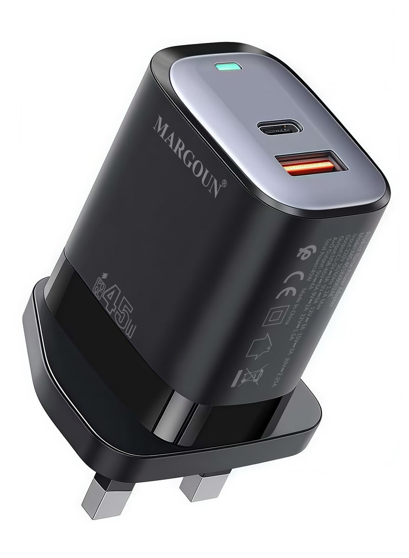 MARGOUN 45W Power Adapter Duo, Dual USB-C & USB-A Ports, PD & QC Super Fast Charging Black - Image 2