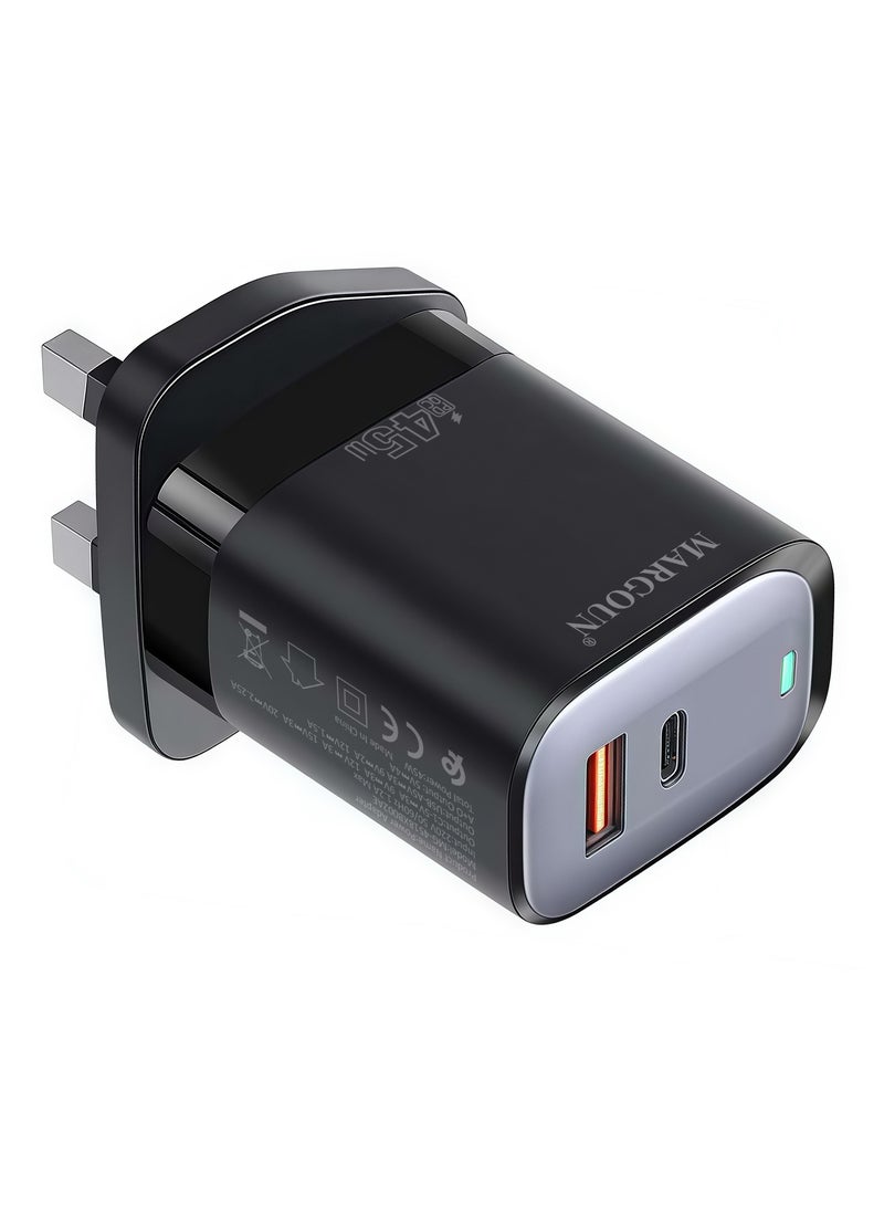 MARGOUN 45W Power Adapter Duo, Dual USB-C & USB-A Ports, PD & QC Super Fast Charging Black - Image 3