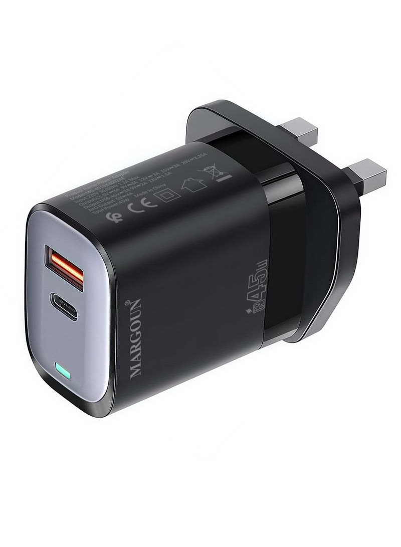 MARGOUN 45W Power Adapter Duo, Dual USB-C & USB-A Ports, PD & QC Super Fast Charging Black - Image 4