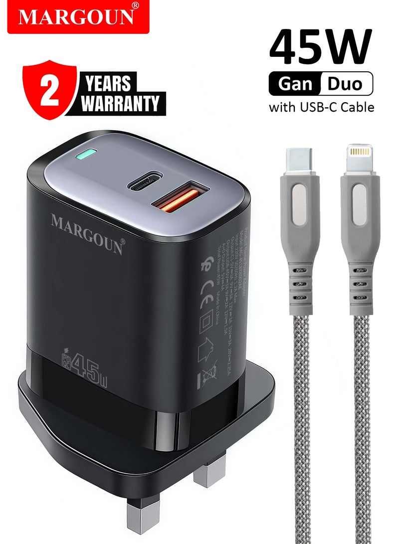 مارجون 45W Power Adapter Duo, Dual USB-C & USB-A Ports, PD & QC Super Fast Charging With Cable Type-C for iPhone XS/11/12/13/14 Series Black - Image 1