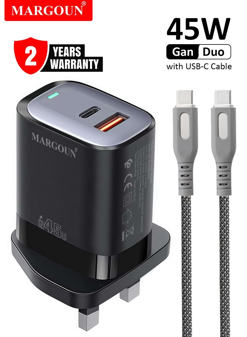 MARGOUN 45W Power Adapter Duo, Dual USB-C & USB-A Ports, PD & QC Super Fast Charging With Cable Type-C for Samsung Galaxy S23/S24/S25 Series Black - Image 1