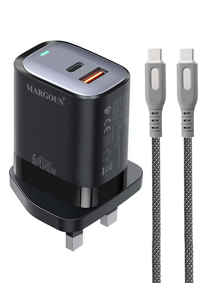 MARGOUN 45W Power Adapter Duo, Dual USB-C & USB-A Ports, PD & QC Super Fast Charging With Cable Type-C for Samsung Galaxy S23/S24/S25 Series Black - Image 2