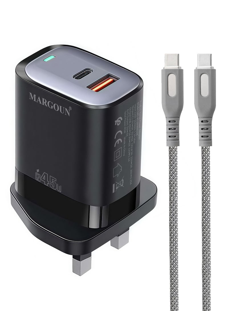 MARGOUN 45W Power Adapter Duo, Dual USB-C & USB-A Ports, PD & QC Super Fast Charging With Cable Type-C for Oneplus 10/11/12/13/14 Series Black - Image 2