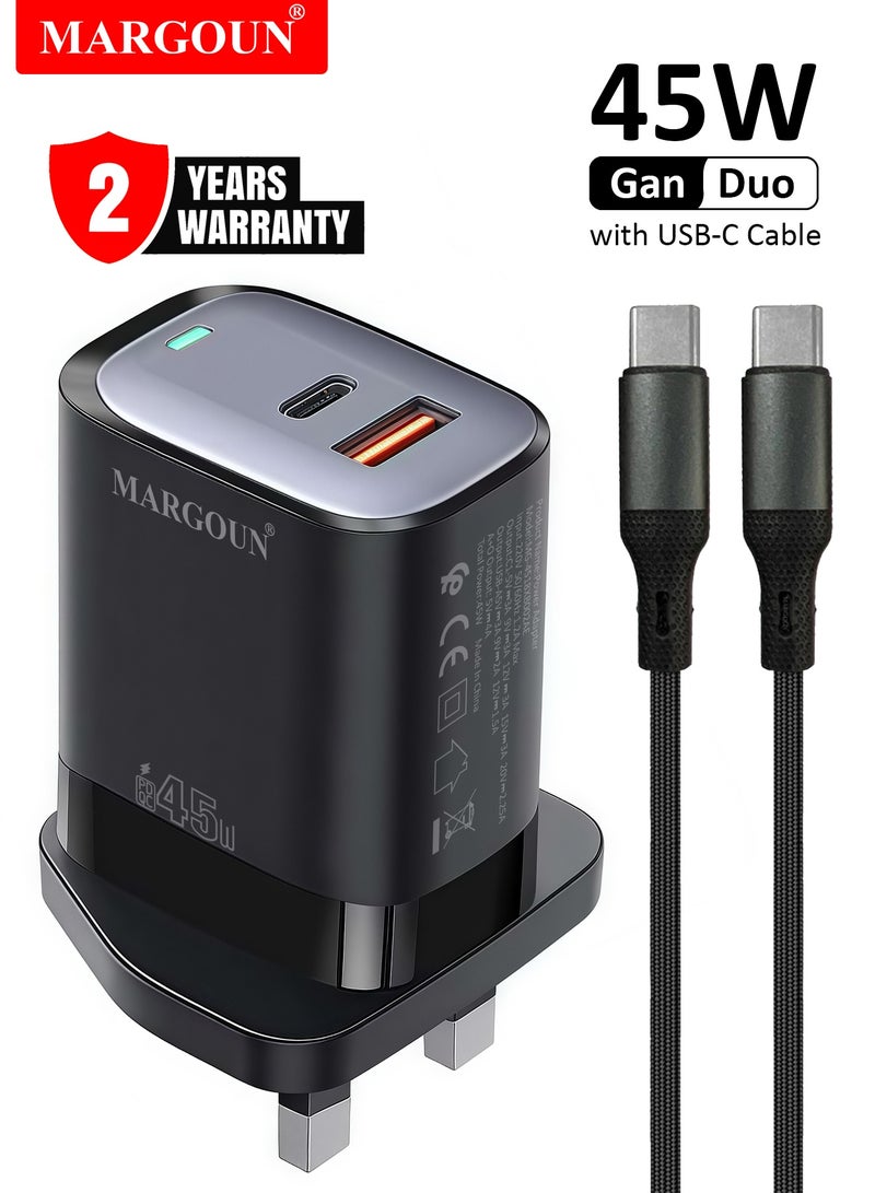 MARGOUN 45W Power Adapter Duo, Dual USB-C & USB-A Ports, PD & QC Super Fast Charging With Cable Type-C for Huawei Pura 70/80 Series Black - Image 1