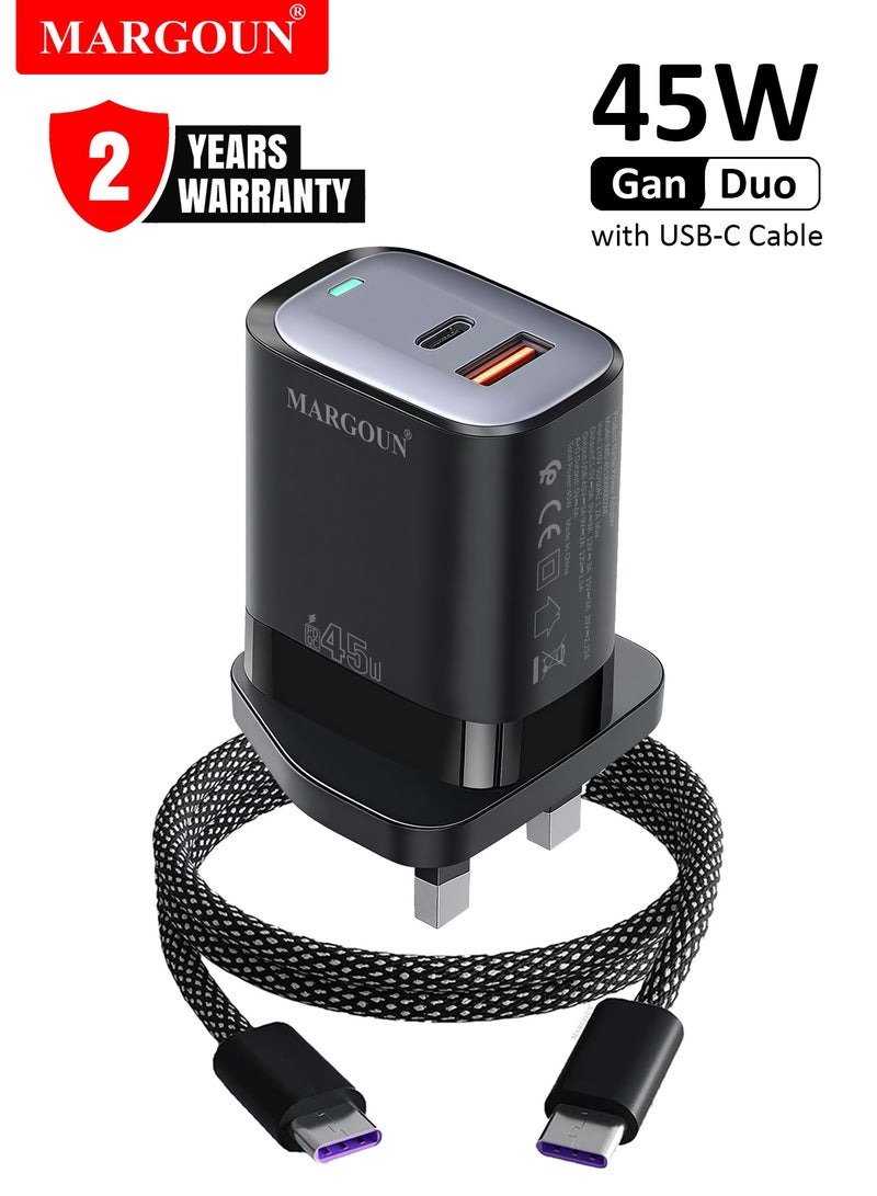 MARGOUN 45W Power Adapter Duo, Dual USB-C & USB-A Ports, PD & QC Super Fast Charging With Cable Type-C for Samsung Galaxy S23/S24/S25 Series Black - Image 1
