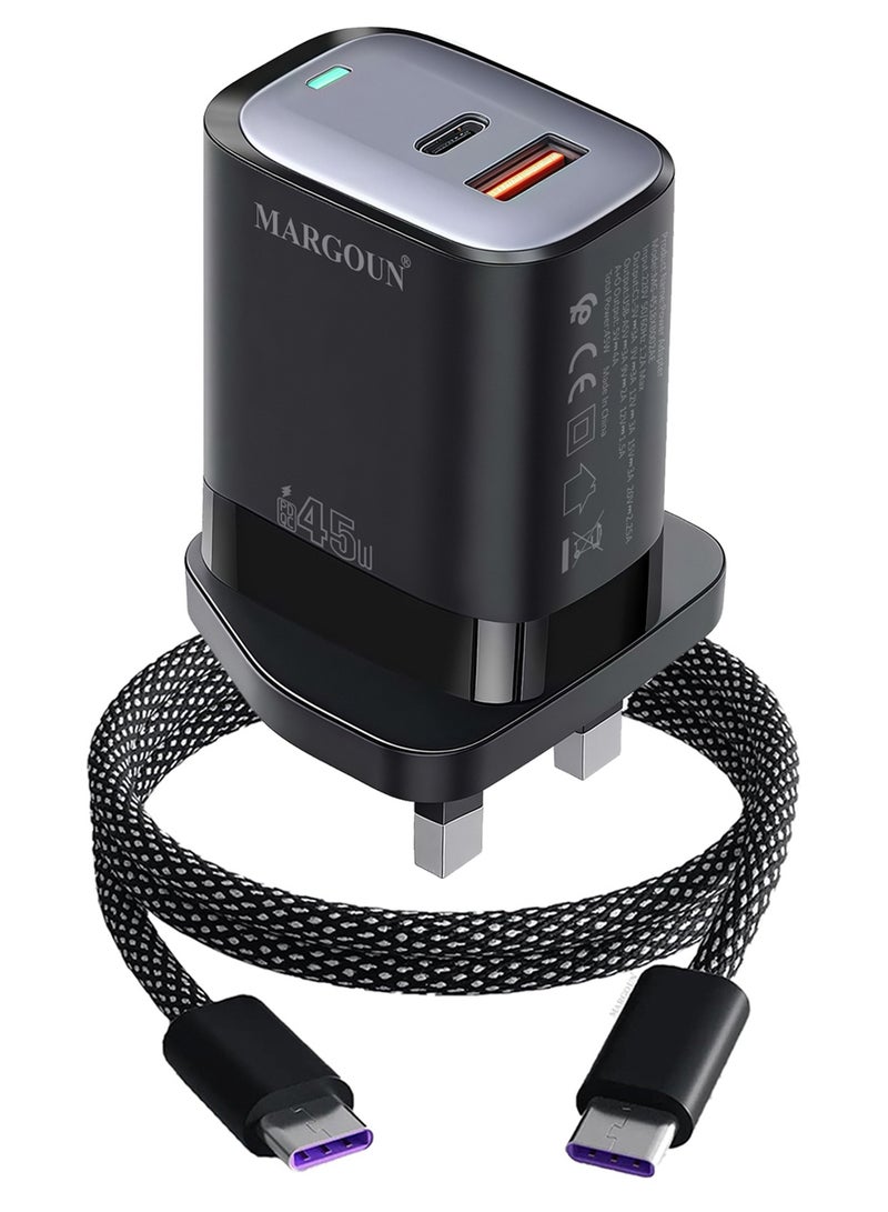MARGOUN 45W Power Adapter Duo, Dual USB-C & USB-A Ports, PD & QC Super Fast Charging With Cable Type-C for Samsung Galaxy S23/S24/S25 Series Black - Image 2
