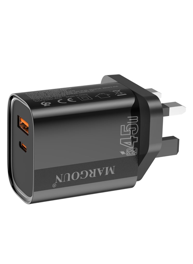 MARGOUN 45W Power Adapter Duo, Dual USB-C & USB-A Ports, PD & QC Super Fast Charging With Cable Type-C for Samsung Galaxy S23/S24/S25 Series Black - Image 3