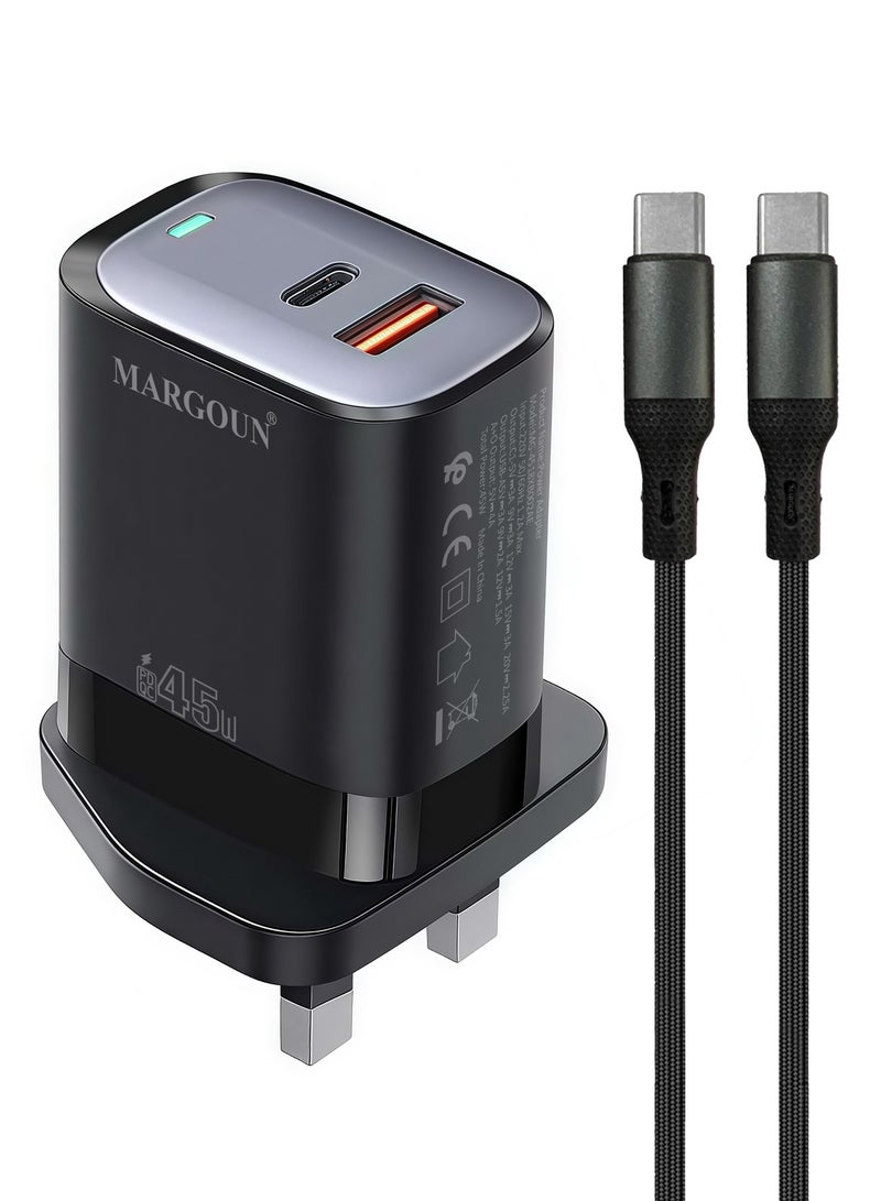 MARGOUN 45W Power Adapter Duo, Dual USB-C & USB-A Ports, PD & QC Super Fast Charging With Cable Type-C for Oneplus 10/11/12/13/14 Series Black - Image 2