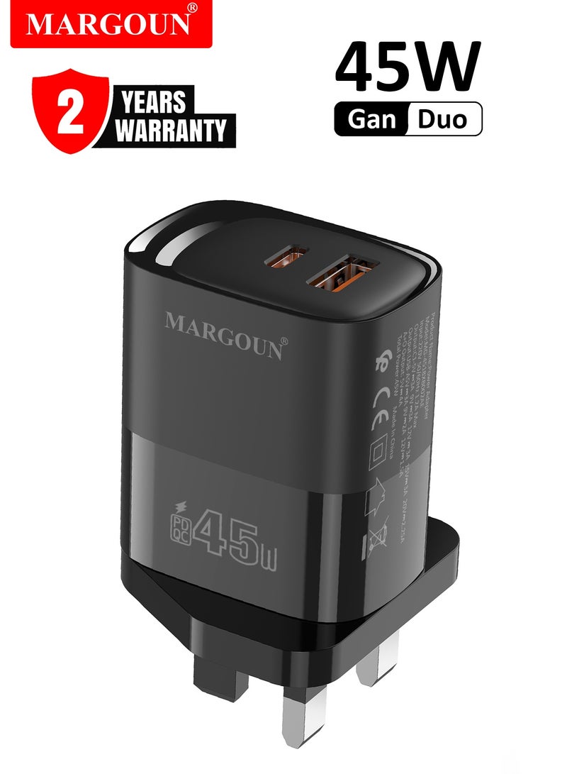 مارجون 45W Power Adapter Duo, Dual USB-C & USB-A Ports, PD & QC Super Fast Charging Black - Image 1