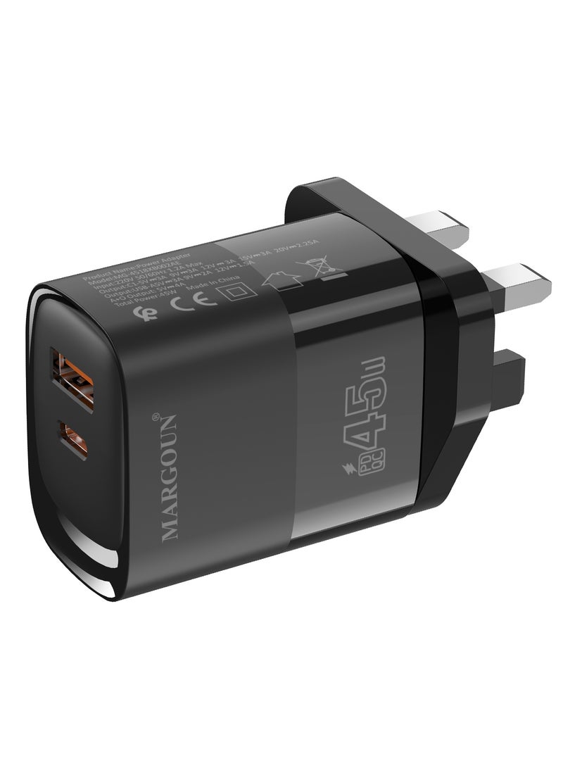 مارجون 45W Power Adapter Duo, Dual USB-C & USB-A Ports, PD & QC Super Fast Charging Black - Image 4