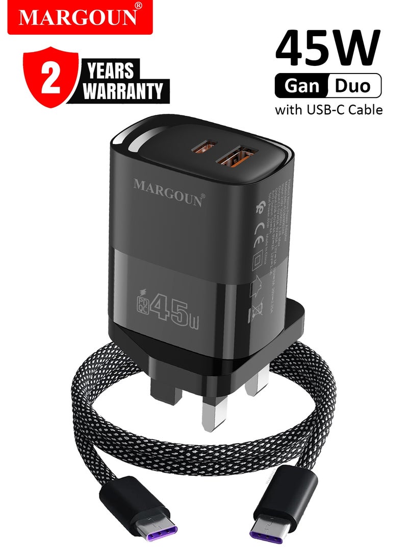 MARGOUN 45W Power Adapter Duo, Dual USB-C & USB-A Ports, PD & QC Super Fast Charging With Cable Type-C for Xiaomi 13/14/15 Series Black - Image 1