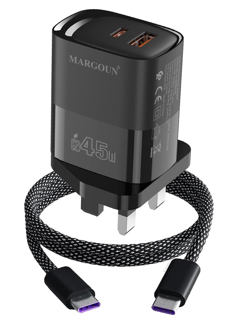 MARGOUN 45W Power Adapter Duo, Dual USB-C & USB-A Ports, PD & QC Super Fast Charging With Cable Type-C for Xiaomi 13/14/15 Series Black - Image 2
