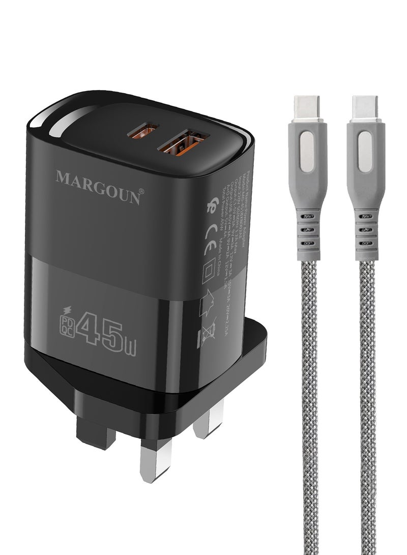 MARGOUN 45W Power Adapter Duo, Dual USB-C & USB-A Ports, PD & QC Super Fast Charging With Cable Type-C for Google Pixel 7/8/9 Series Black - Image 2