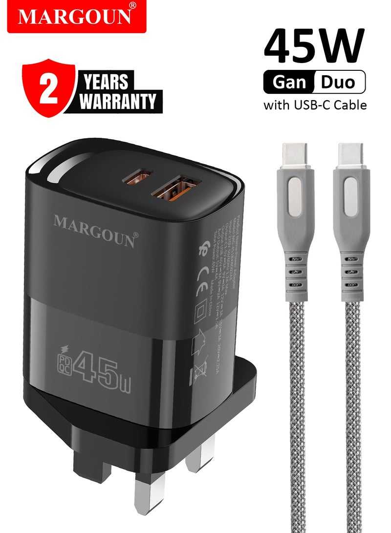 مارجون 45W Power Adapter Duo, Dual USB-C & USB-A Ports, PD & QC Super Fast Charging With Cable Type-C for Oneplus 10/11/12/13/14 Series Black - Image 1